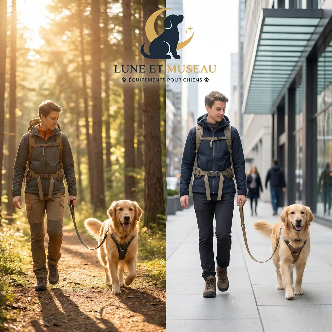 Chien heureux en promenade avec son propriétaire dans la nature