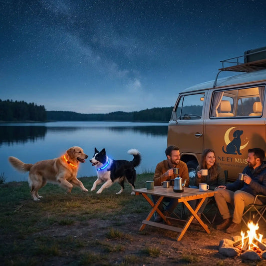 Chien portant un collier lumineux lors d'une promenade nocturne