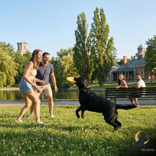 Chien heureux jouant dans un parc avec ses jouets