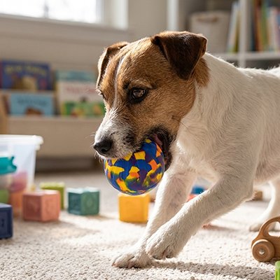 Balle chien dans sa bouche