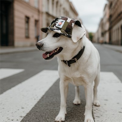 Casquette chien​ trottoir marche soleil