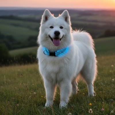 Collier lumineux pour Chien bleu dehors au crépuscule
