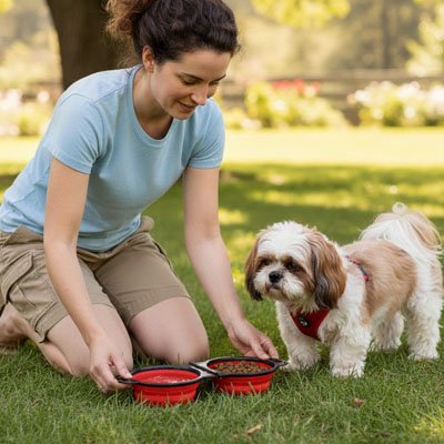 Gamelle Chien rouge double dans un parc avec chien