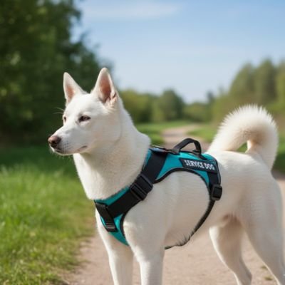 Harnais chien pour chien bleu sur un chemin de terre