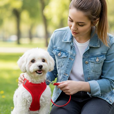 Harnais petit chien assied au parc avec son maître