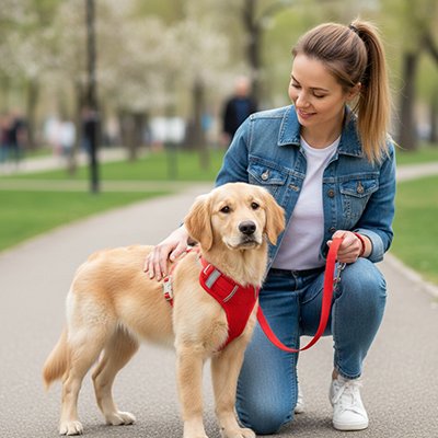 Harnais petit chien dans la rue avec son maître
