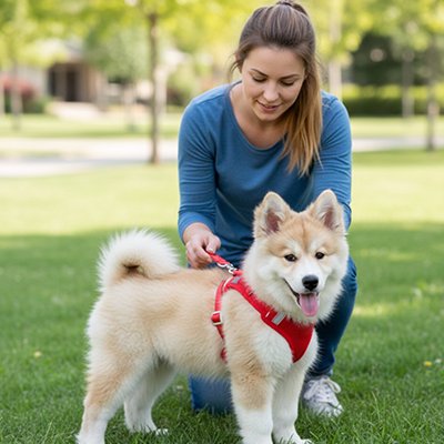 Harnais petit chien debout sur gazon avec son maître dans un parc