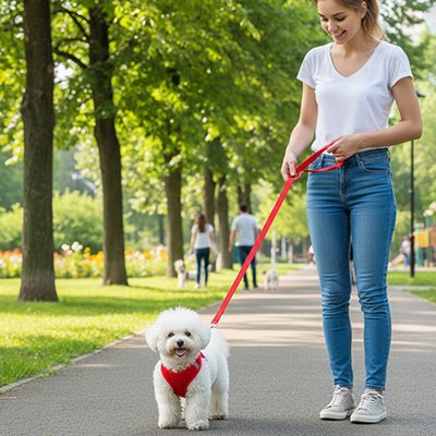 Harnais petit chien marche dans le parc