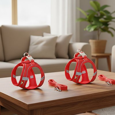 Harnais petit chien rouge sur table 