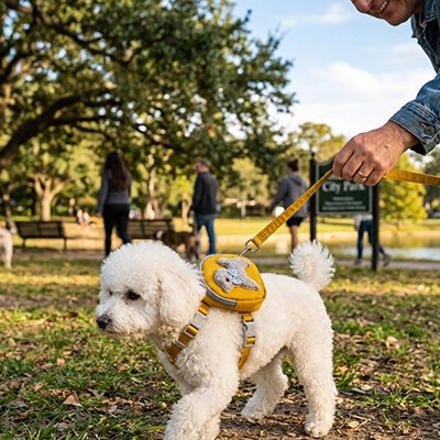 Harnais pour chien marche dans un parc