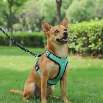 Harnais pour petit Chien assied dans un parc gazon