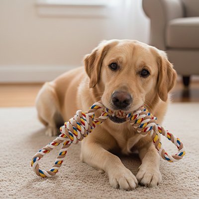 Jouet pour chien dans sa bouche couché au sol