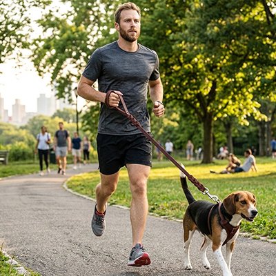 Laisse chien qui court avec son maître dans parc