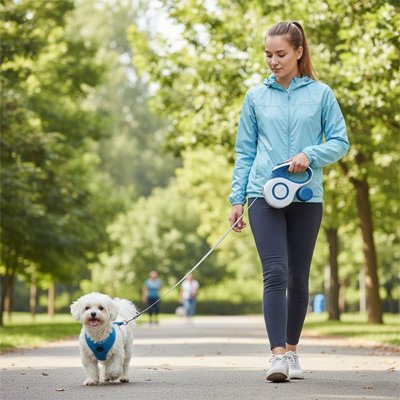 Laisse enrouleur chien court avec son maître