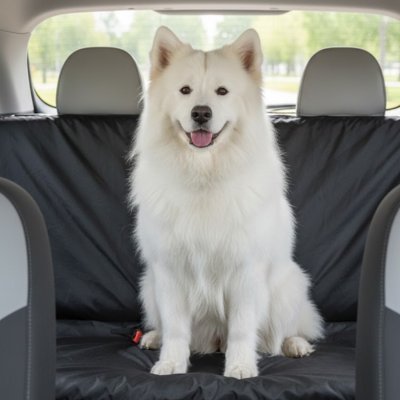 Protection chien voiture  avec gros chien blanc assied