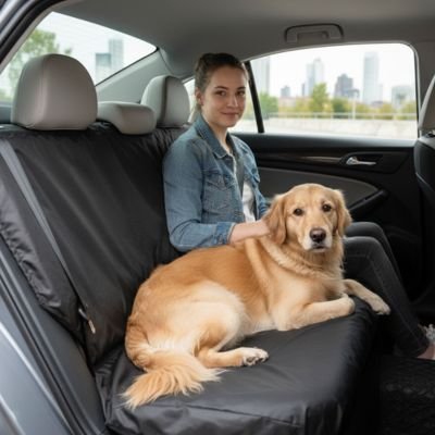 Protection chien voiture avec petite fille et chien couché banc