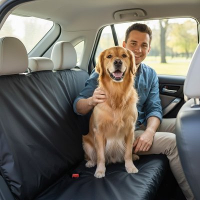 Protection chien voiture avec son maître dans la voiture