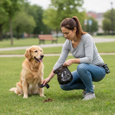 Sac a crotte avec chien dans parc