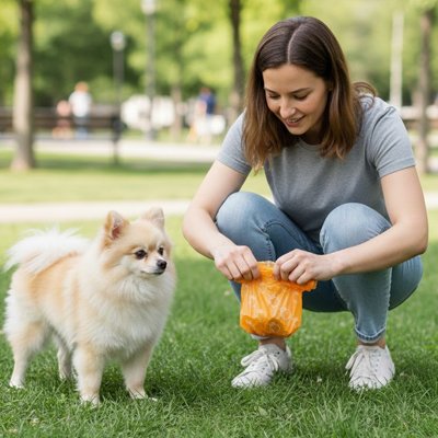 Sac a crotte​ orange avec maître qui ramasse