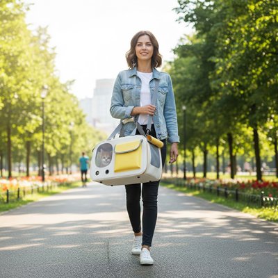 Sac de transport pour Chien marche dans le parc avec maître et chien dedans
