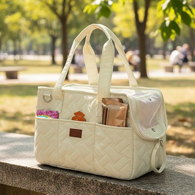 Sac de transport pour chien sur une table dehors