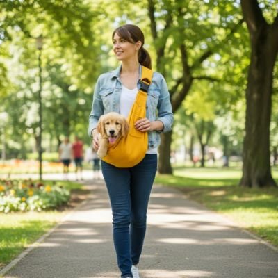 Sac transport pour Chien jaune avec maître et chien qui marche parc
